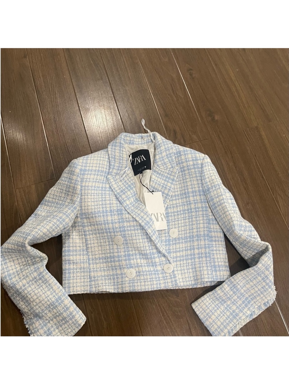 Zara Cropped Double-Breasted Blazer in Light Blue and Cream Check